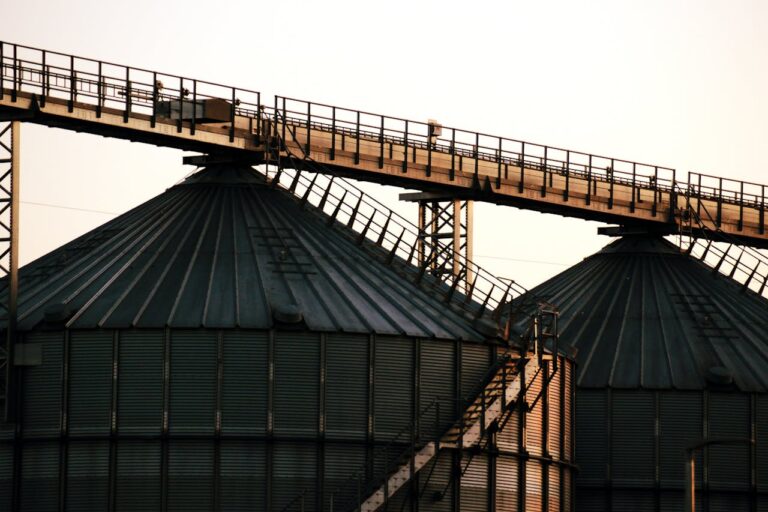Close-up image of industrial grain silos with overhead walkway at sunset, conveying modern industry.